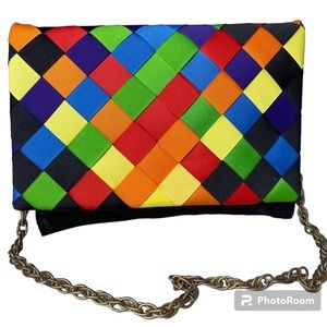 Vintage Mali Color Block 1980's Woven Fabric Purse w Gold Chain